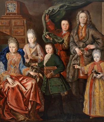Neznani slikar, Skupinski portret družine barona Erberga, 200 x 170, olje na platnu, začetek 18. stoletja. Hrani Loški muzej Škofja Loka.