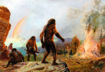 Pripadniki človeške vrste homo erectus opazujejo požar v naravi. <em>Foto: Zdenek Burian</em>