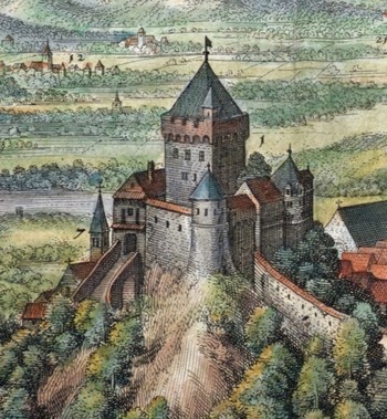 Škofjeloški grad, detajl Merianovega bakroreza, 1649