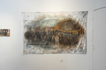 Procession, 2026, bedsheet, photograph, acrylic, watercolor pencil, 134 × 200 cm <em>Photo: Lucija Rosc</em>