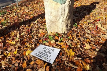 Martekova intervencija v Škofji Loki: »Čitajte Srečka Kosovela«, 2025 <em>Foto: Fotoarhiv Darka Simičića</em>