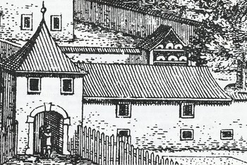 Čebelnjak s kladami (tj. vrsta panja) na grajskem dvorišču Zanek na Igu pri Ljubljani. <em>Foto: Kopija grafike J. V. Valvasorja, 1689.</em>