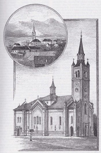 Prvotna cerkev sv. Jurija (zgoraj levo) in nova cerkev sv. Jurija, zgrajena 1864, Stara Loka, avtor S. Magolič. Vir: France Pokorn, Loka, Krajepisno-zgodovinska črtica, Dom in Svet, 1894.