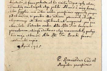 Hrbtna stran povabilnega pisma k pasijonski procesiji p. Romualda, iz katerega je razvidna datacija 1715.