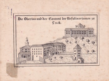 Uršulinski samostan (spodaj) in škofjeloški grad (zgoraj) pred letom 1891