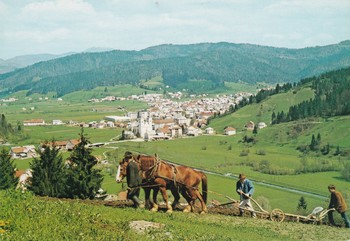 Panoramski pogled na Žiri, spredaj oranje s konji, 1973. <em>Foto: Zasebna last</em>