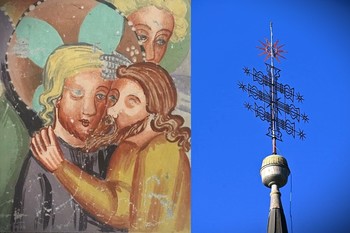 V crngrobški cerkvi lahko vidimo vsaj dva nazorna primera sončeve simbolike v krščanstvu. Desno znamenje na vrhu zvonika, levo kopija freske Judežev poljub. <em>Foto: Fototeka Loškega muzeja</em>