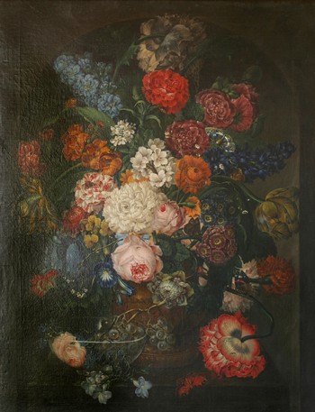 Adalbert Schäffer: Tihožitje z rožami in grozdjem <em>Foto: Fototeka Loškega muzeja</em>