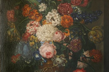 Adalbert Schäffer, Tihožitje z rožami in grozdjem, sredina 19. stoletja, olje na platno. <em>Foto: Tihomir Pinter</em>