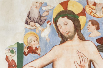 Sveti Peter s petelinom (detajl freske Svete Nedelje), hrani Loški muzej Škofja Loka