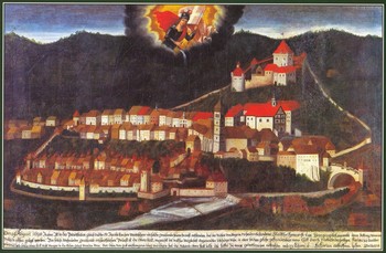 Votivna podoba s prikazom požara na Lontrgu iz leta 1698, naslikana za cerkev sv. Florjana v Sopotnici, hrani Loški muzej Škofja Loka. <em>Foto: Jože Štukl</em>