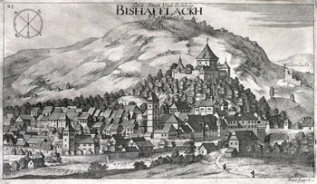 1.	Mesto Škofja Loka na Valvasorjevi upodobitvi iz leta 1679. Desno od Loškega gradu so upodobljene razvaline gradu Divja Loka
