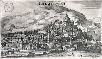 1. Mesto Škofja Loka na Valvasorjevi upodobitvi iz leta 1679. Desno od Loškega gradu so upodobljene razvaline gradu Divja Loka