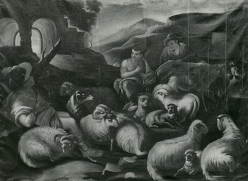 Neznani avtor, Pokrajina s pastirji in ovcami, olje na platnu, Loški muzej Škofja Loka <em>Foto: Matija Pavlovec</em>