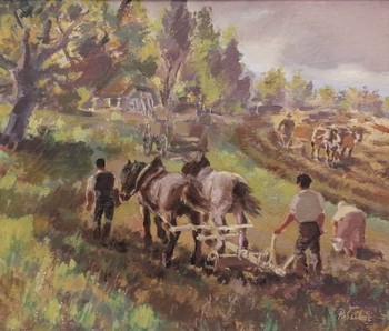 Rajko Šubic, Orači, olje/lesonit, 1950, Loški muzej Škofja Loka