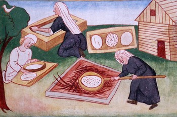 Priprava testa in peka kruha. Detajl s kopije freske Sv. Nedelje iz Crngroba, 60. leta 15. stoletja. Kopijo hrani Loški muzej Škofja Loka. ©Fototeka Loškega muzeja