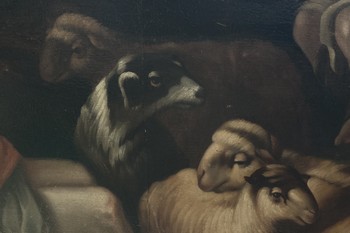 Neznani avtor, borderski ovčar med dvema pastirjema in čredo ovc (detajl), olje na platnu, Loški muzej Škofja Loka <em>Foto: Sara Šifrar Krajnik</em>