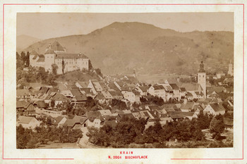 Škofja Loka in Škofjeloški grad z osrednjim stolpom skozi objektiv fotografa Benedikta Lergetporerja, pred 1892. ©Fototeka Loškega muzeja