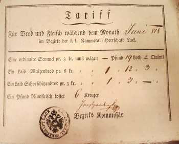Tarifa za kruh in meso za mesec junij leta 1818, ki jih je določil okrožni komisar. SI_ZAL_ŠKL/0063 Občina Škofja Loka, t. e. 53 a 