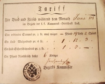 Tarifa za kruh in meso za mesec junij leta 1818, ki jih je določil okrožni komisar. SI_ZAL_ŠKL/0063 Občina Škofja Loka, t. e. 53 a