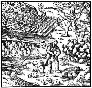 Prikaz žganja živosrebrne rude v glinenih retortah. <em>Foto: G. Agricola: De Re Metalica, 1556</em>