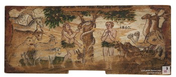 Slikar temnih obrisov, Ovca v prizoru Adam in Eva v raju, panjska končnica, 1867, hrani Loški muzej Škofja Loka. <em>Foto: Aleksander Jesenovec</em>