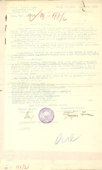 3. Peku in slaščičarju Viktorju Žužku so z dnem 17. 1. 1947 zavrnili prošnjo za izvrševanje pekovske obrti, saj je bilo z odločbo mestnega ljudskega odbora v Škofji Loki z dne 2. 1. 1947 ustanovljeno mestno gospodarsko podjetje – pekarne in slaščičarne, v katero je bila vključena tudi obrt Viktorja Žužka. <em>Foto: Hrani Zgodovinski arhiv Ljubljana – Enota Škofja Loka</em>