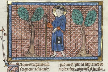 Sv. Jakob kot romar <em>Foto: Bible historiale, Francija, Pariz, ok. 1325, MS M.323 II, fol. 275 r.</em>