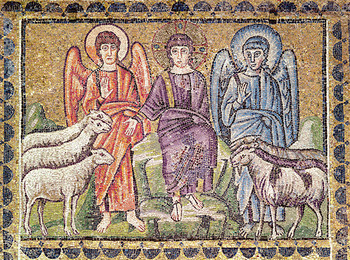Jezus ločuje ovce in koze, mozaik iz bazilike Sant Apollinare Nuovo, 6. stoletje, Ravena <em>Foto: https://seeinggodinart.wordpress.com/2015/02/23/sheep-or-goat/</em>