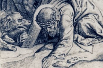 Joseph? von Führich, Pes laja na padlega Kristusa (detajl), Križev pot: Jezus v pervo pod križem pade (III. Postaja), s. a., Loški muzej Škofja Loka