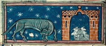 Ovce se bojijo volka, ki se počasi približuje njihovi ogradi, Bestiarij MS 14, prva polovica 13. stoletja, fol. 85 v, Bibliothèque Municipale de Chalon-sur-Saône, Francija. <em>Foto: https://bestiary.ca/beasts/beastgallery193.htm</em>