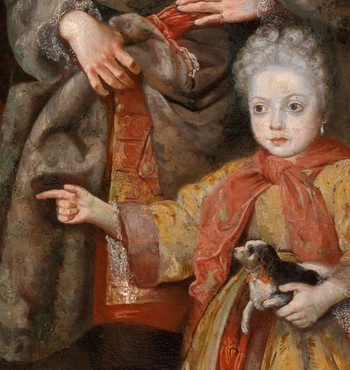 Neznani slikar, Skupinski portret družine barona Erberga, 200 x 170, olje na platnu, začetek 18. stoletja (detajl). Hrani Loški muzej Škofja Loka.