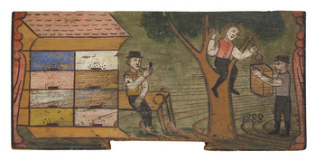 Poslikana panjska končnica, Rojenje čebel, Selška delavnica, 1888. Hrani Loški muzej Škofja Loka. <em>Foto: Fototeka Loškega muzeja</em>