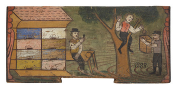 Ogrebanje roja, čebelarski motiv, Selška delavnica, 1888 <em>Foto: Aleksander Jesenovec</em>