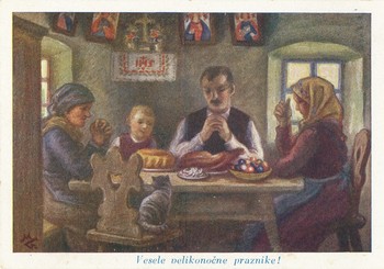 Družina je zbrana ob velikonočnem žegnu. Razglednica Maksima Gasparija. Hrani Loški muzej Škofja Loka. <em>Foto: Fototeka Loškega muzeja</em>