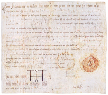 Darilna listina nemškega cesarja Otona II. freisinškemu škofu Abrahamu iz leta 973. <em>Foto: Fototeka Loškega muzeja</em>