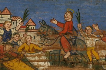 Poslikana panjska končnica s prihodom Kristusa v Jeruzalem. Selška delavnica, druga polovica 19. stoletja. Hrani Loški muzej Škofja Loka. ©Tihomir Pinter