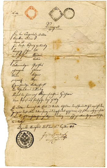 Potovalna prepustnica za Antona Langerholca, 1814. Hrani SI ZAL ŠKL 63, Občina Škofja Loka do leta 1945, t. e. 53a, Občinsko gradivo pred 1850, a. e. Reisepaß No. 84. 