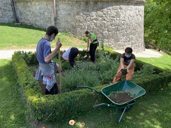 Varovanci Sožitja na grajskem vrtu zelišč in dišavnic. <em>Foto: Fototeka Loškega muzeja</em>