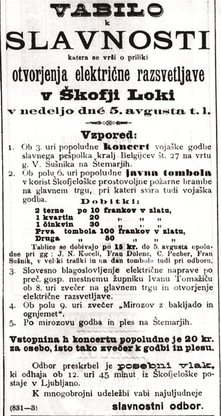 Slovenski narod je 4. avgusta 1894 objavil vabilo na otvoritev električne razsvetljave v Škofji Loki, hrani Narodna in univerzitetna knjižnica Ljubljana. <em>Foto: NUK</em>