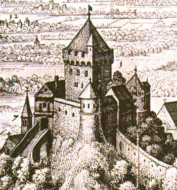 Loški grad po Merianu, 1649. <em>Foto: Fototeka Loškega muzeja</em>