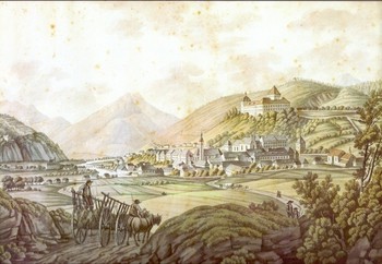 Ferdinand Runk, Veduta Škofje Loke iz Ederjeve suite, akvareliran bakrorez, konec 18. stoletja. Hrani Loški muzej Škofja Loka.
