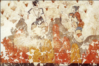 Nabiralke žafrana, freska, Santorini, Grčija, okoli 1650 pr. n. št. ©https://crocussativus.eu/en/geschiedenis-saffraan