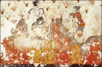 Nabiralke žafrana, freska, Santorini, Grčija, okoli 1650 pr. n. št. <em>Foto: https://crocussativus.eu/en/geschiedenis-saffraan</em>