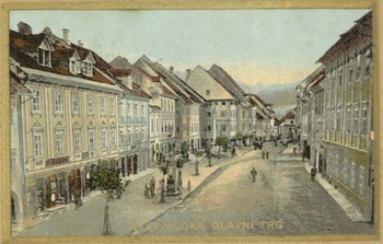 Pogled na Mestni trg, konec 19. stoletja, razglednica. Hrani Loški muzej Škofja Loka.