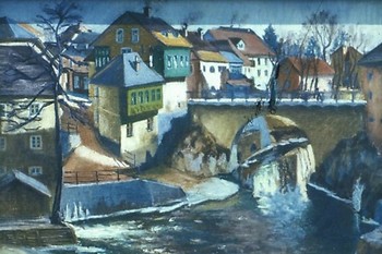 Janez Potočnik - Januš: Kapucinski most v Škofji Loki, 1937, olje na platno. ©Fototeka Loškega muzeja