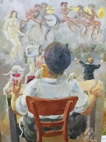 Janez Potočnik - Januš, Vinski bratec, 1974, olje na lesonit