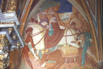 Legenda iz življenja sv. Korbinijana, prva leta 16. stoletja, detajl freske.