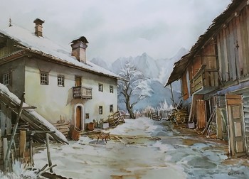 Martin Goričanec, Zima, 1984, akvarel. <em>Foto: Fototeka Loškega muzeja</em>