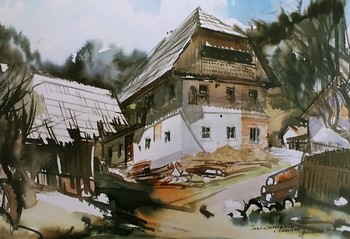 Martin Goričanec: Jamenšnikova hiša v Čadovljah, 1998, akvarel. <em>Foto: Fototeka Loškega muzeja</em>